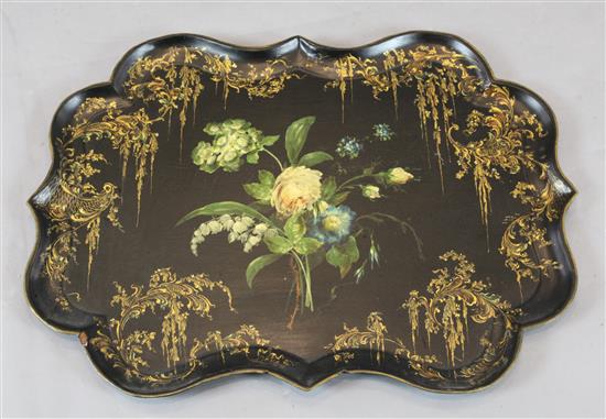 A Victorian serpentine papier mache tray, 32 x 24in.